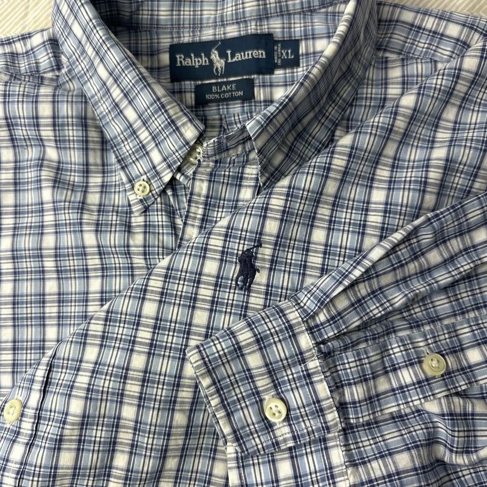 Polo Ralph Lauren Men's XL Button‎ Down Blue Plaid Shirt Long Sleeve Oxford